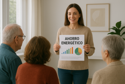 Asesor energético mostrando un informe de ahorro energético para comunidades de vecinos