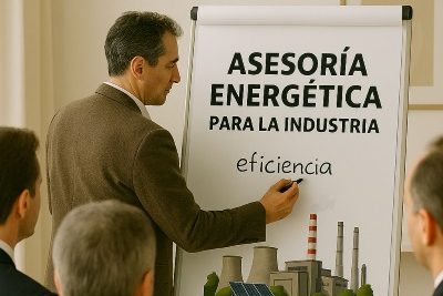 Asesor energético presentando un informe de eficiencia energética a empresarios