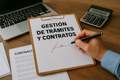 Mano de un hombre firmando un contrato de gestión